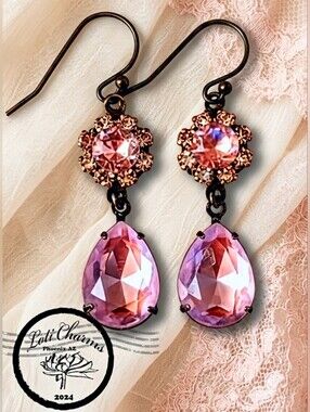 Victorian Bubblegum Pink Swarovski Elements Flower Crystals In Brass  Earrings